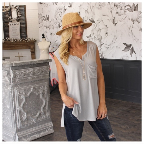 Infinity Raine Tops - LAST ONE! Light Gray V Neck Slouch Pocket Tunic
